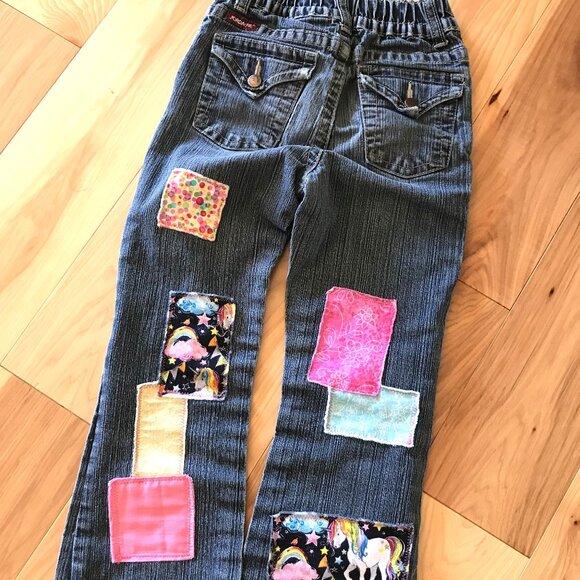 Child’s Upcycled Patch Jeans, Size 6X: Elastic Waist, Handmade Unicorn Patchwork - Picture 12 of 15